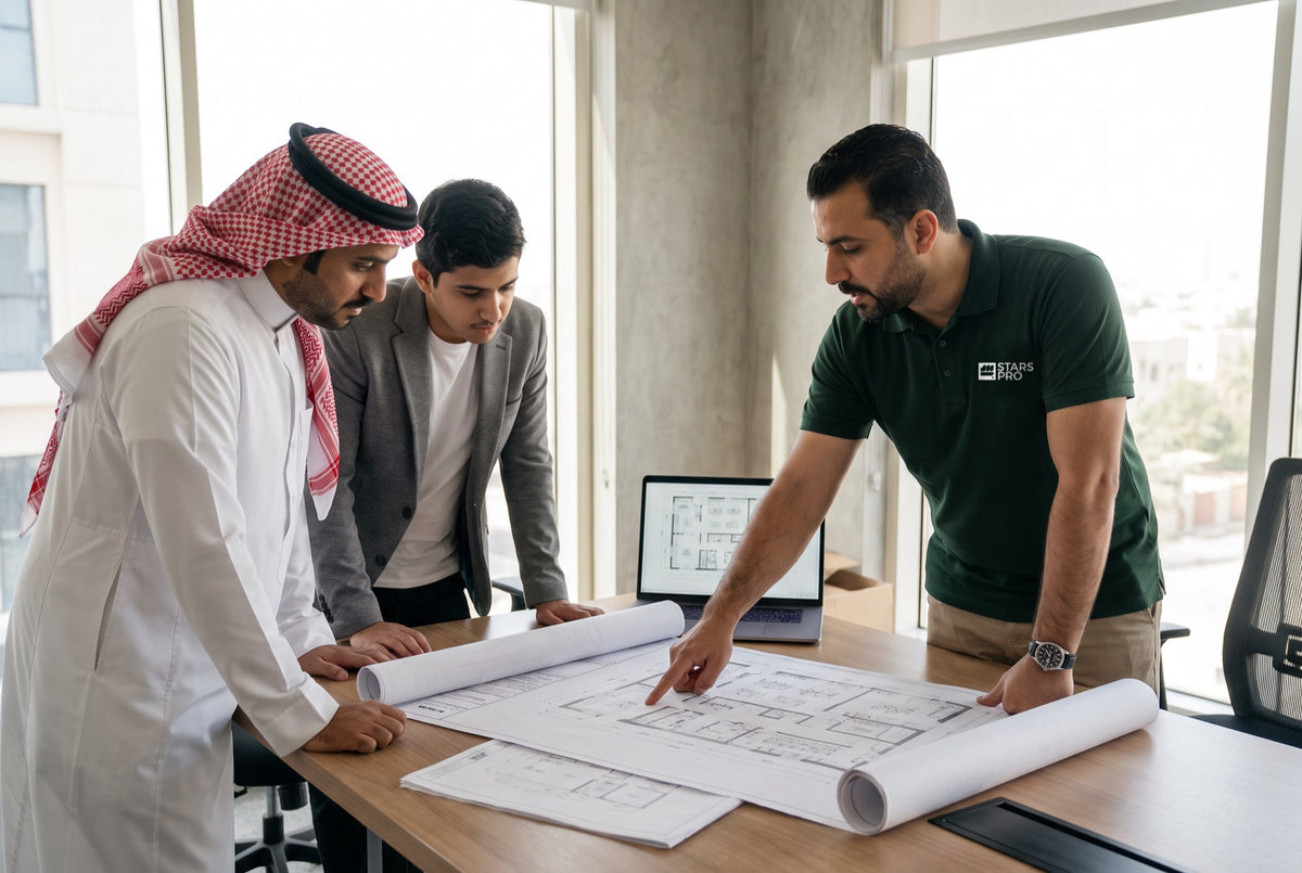 مستشار ستارز برو يراجع مخطط مطبخ تجاري مع العميل
